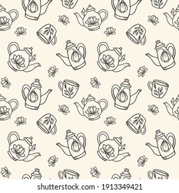 Teapot seamless repeat pattern, vector background, teapot and cups.