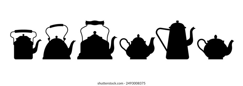 Teapot set. Antique copper and ceramics teapots. Vintage kitchen ware in black silhouette. A set different shapes of tea pot.  Items for design, stencil, decoration. Simple and quite vectors