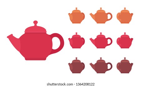 Teapot set, kitchen appliance. Elegant kettle, container to boil liquid or brew tea, traditional design. Vector flat style cartoon illustration isolated on white background, different views and colors