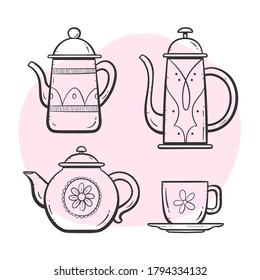 Teapot set. Ornamented teapot, milk mug, coffee and tea cup. Doodle outlined style collection. Set 1 of 5.