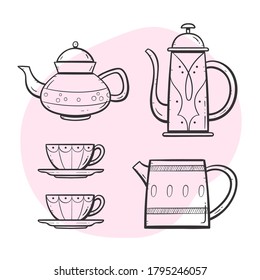 Teapot set. Ornamented teapot, milk mug, coffee and tea cups. Doodle outlined style collection. Set 3 of 5.