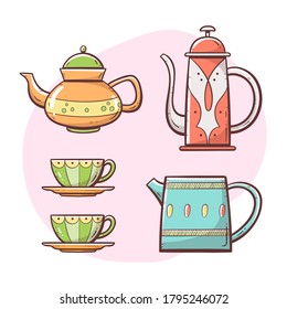 Teapot set. Ornamented teapot, milk mug, coffee and tea cups. Hand drawn colorful style collection. Set 3 of 5.