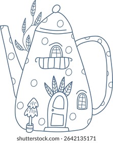 A teapot shaped like a house with windows and a door, drawn in a playful line style. The kettle features polka dots and a small tree beside it. Cartoon vector illustration.