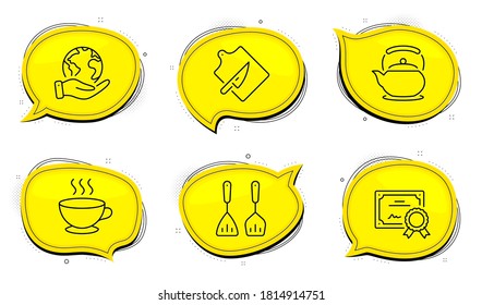 Teapot sign. Diploma certificate, save planet chat bubbles. Cooking cutlery, Cutting board and Coffee cup line icons set. Kitchen accessories, Knife, Hot drink. Tea kettle. Food and drink set. Vector