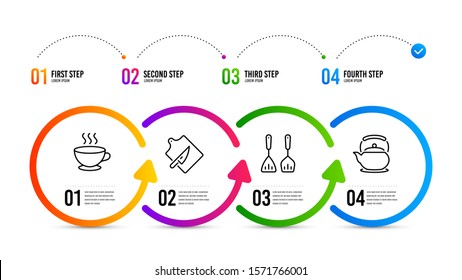 Teapot sign. Infographics timeline. Cooking cutlery, Cutting board and Coffee cup line icons set. Kitchen accessories, Knife, Hot drink. Tea kettle. Food and drink set. Cooking cutlery icon. Vector