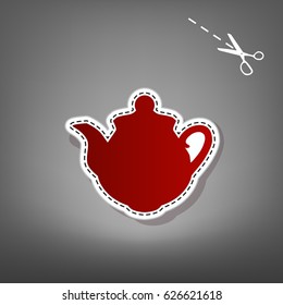Teapot sign. Vector. Red icon with for applique from paper with shadow on gray background with scissors.