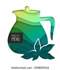 Teapot silhouette. Cut out paper art style design. Royal tea menu design
