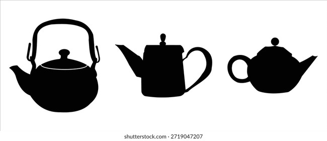 Colección de siluetas de tetera: íconos de tetera de té de Vector negro con tazas, platillos y Elementos de té