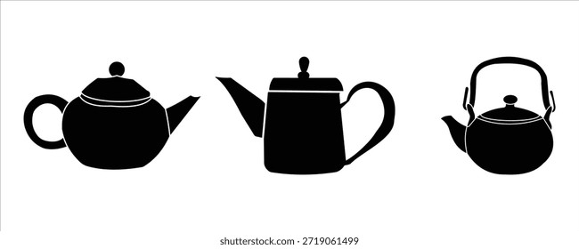 Colección de siluetas de tetera: íconos de tetera de té de Vector negro con tazas, platillos y Elementos de té