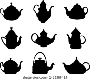 Teapot silhouettes. Kitchen teapot or kettle decorative ceramic. Isolated modern coffee tea vector set