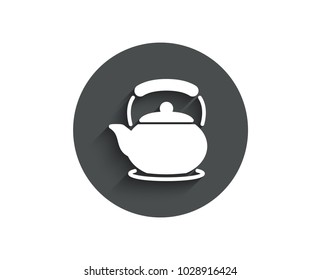Teapot simple icon. Hot drink sign. Fresh beverage in kettle symbol. Circle flat button with shadow. Vector