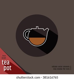 Teapot simple white outline with liquid inside (tea or coffee) - round icon . Flat design with long shadow. 