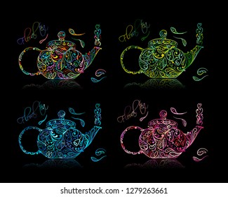 Teapot sketch with floral tea for your design