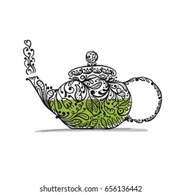 Teapot sketch with green tea for your design