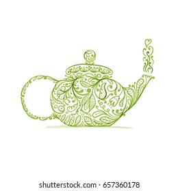 Teapot sketch with green tea for your design