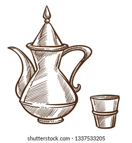 Teapot and small cup made of steel monochrome sketch outline isolated composition of kitchenware mug and container for tea hot beverage colorless drawing of teacup and pot with drink teatime