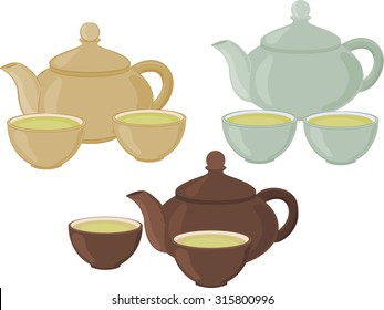 A teapot and small cups of Chinese green tea. Set of isolated objects.