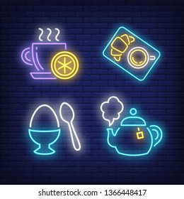 Teapot, soft-boiled egg, cup of coffee and tea neon signs set. Breakfast, food, morning design. Night bright neon sign, colorful billboard, light banner. Vector illustration in neon style.