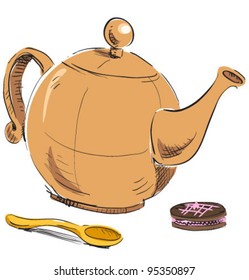 Teapot, spoon and biscuit. 