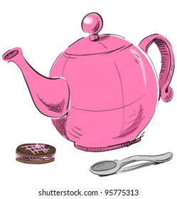 Teapot, spoon and biscuit. 