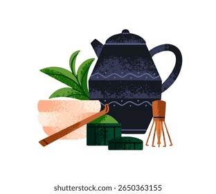 Teapot, spoon, whisk and cup for preparing matcha. Pottery kettle with tool for cooking herbal beverage. Tea pot, mug, teacup for hot drink. Flat isolated vector illustration on white background