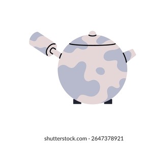 Bule com padrão manchado para ferver água para preparar bebidas à base de plantas. Chaleira moderna para cozinhar bebida quente, café. Moda infusor chá pote para brew ervas. Ilustração de vetor isolado plano em branco