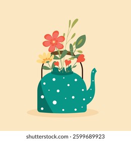 A teapot with spring flowers inside