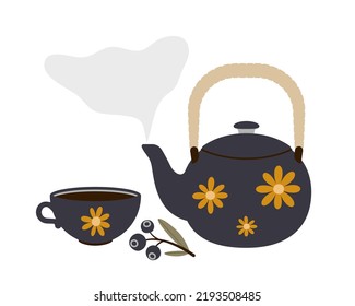 Teapot with steam, cup and branch with berries.