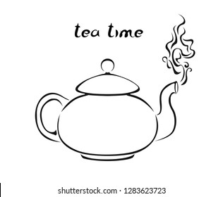 Teapot with steaming tea isolated on white background. Vector simple black and white illustration. Icon.