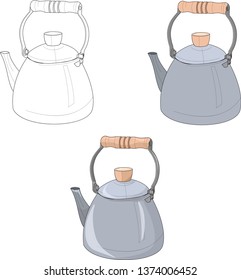 Teapot in steel and wood. Vector illustration. Coloring paper, page, book