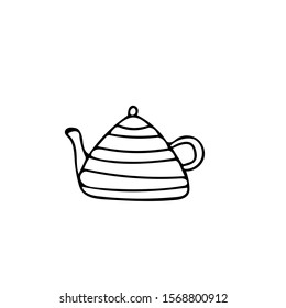 teapot with stripes. Element in hand drawn Scandinavian style. icon in simple liner. card, poster, menu. tea ceremony.