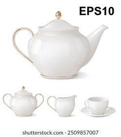 Teapot, sugar bowl, creamer, teacup on a white background. Vector illustration