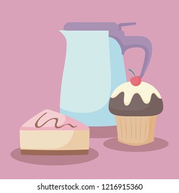 teapot with sweet cake portion