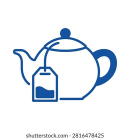 Teapot With Tea Bag Blue Line Icon On White Background