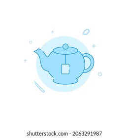 Tetera con icono vector de bolso de té. Utensil de cocina. Ilustración plana. Estilo de línea relleno. Diseño monocromo azul. Trazo editable. Ajustar el peso de la línea.