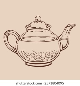 Teapot of tea with barberry. Hand drawn vector illustration in outline style.