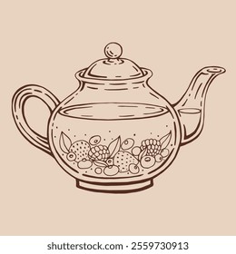 Teapot of tea with berries. Hand drawn vector illustration in outline style.