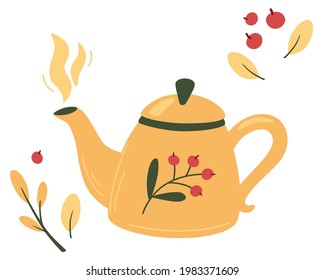 Teapot with tea and berries. Tea time mug teapot and herbs, fruits, ingredients for drinks. Autumn mood, hot tea and berries. Kettle tea teapot with berries and vitamins. Cozy vector illustration.