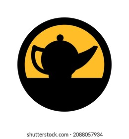 Teapot for tea, black and yellow colors, round sign for design on a white background, vector illustration