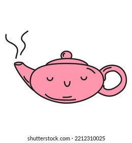 Teapot for the tea ceremony with a face. Kawaii character. Doodle style