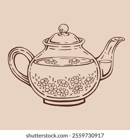 Teapot of tea with chamomile. Hand drawn vector illustration in outline style.