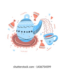 Teapot, tea coffee, cup and candy clip art cartoon Scandinavian style. Tea time vector hand drawn concept illustration.  Coffee time.  Cafe poster, tea logo