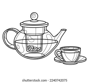 Teapot with tea and a cup. Black and white vector image. Coloring.