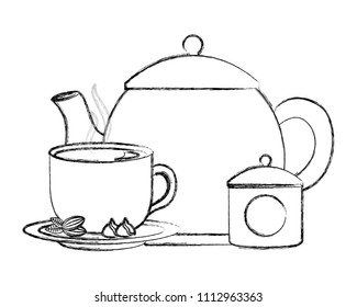 teapot and tea cup cocoa nuts and sugar pot