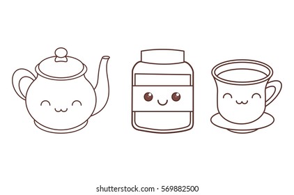 teapot tea cup and jar kawaii icon image black line  vector illustration design 