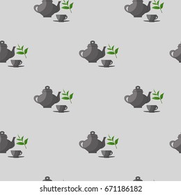 Teapot, tea Cup, tea leaves,  vector illustration