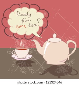 A teapot and a tea cup on a table