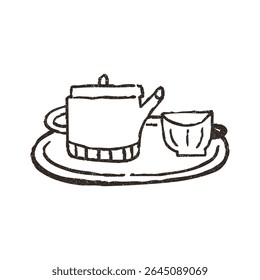 Bule e xícara de chá na bandeja, ilustração vetorial isolado no fundo branco. Estilo de esboço de contorno com textura vintage grunge. Conceito de café e padaria.