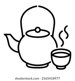 a teapot and a tea cup, representing tea time, lifestyle and culture round line vector icon with editable stroke 