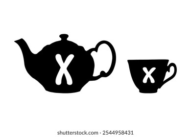 Teapot and tea cup retro tag with Latin letter X on white background